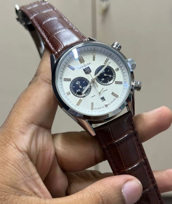 TAG 2 CHRONO SILVER CASE WHITE DIAL BROWN BELT BLACK SUB