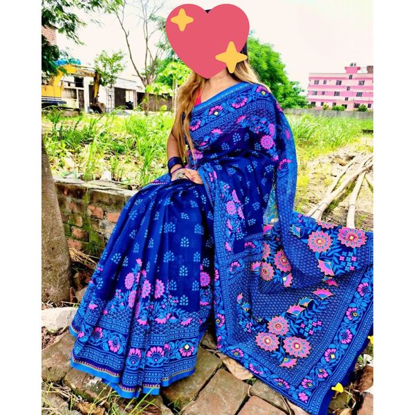 হাফ সিল্ক বুটিক নীল শাড়ি