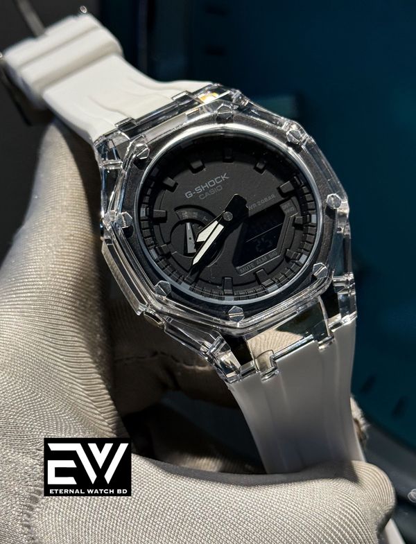 CASIO GSHOCK 2100 TRANSPARENT BLACK DIAL WHITE BELT