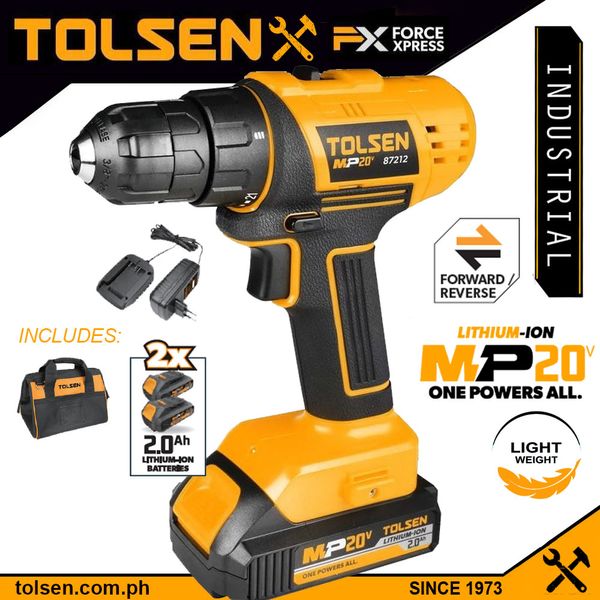 TOLSEN 20V Li-Ion Cordless Drill/Screwdriver with 2pcs Battery & 1pc Charger; Model 87212