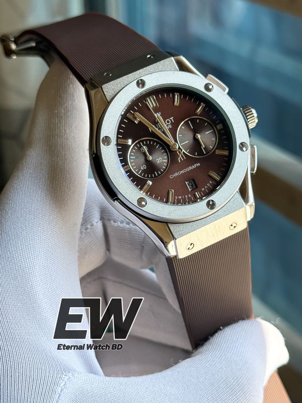 HUBLOT BROWN DIAL SILVER CASE BROWN SILICON BELT