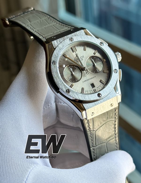 HUBLOT GREY DIAL SILVER CASE GREY LEATHER TEXTURE BELT