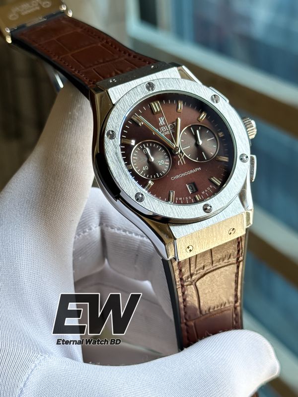 HUBLOT BROWN DIAL SILVER BROWN LEATHER TEXTURE BELT