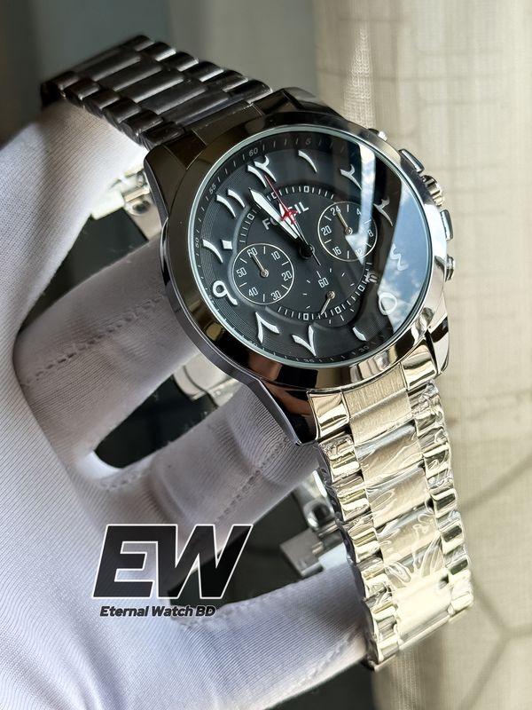 FOSSIL ARABIC CHRONO SILVER CHAIN BLACK DIAL WHITE DIGIT