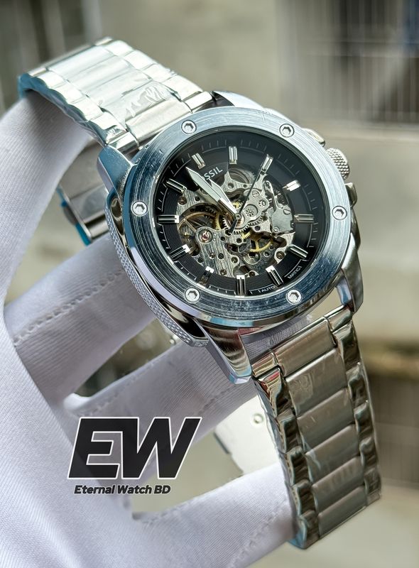 FOSSIL AUTOMATIC CHAIN BLACK DIAL SILVER CASE