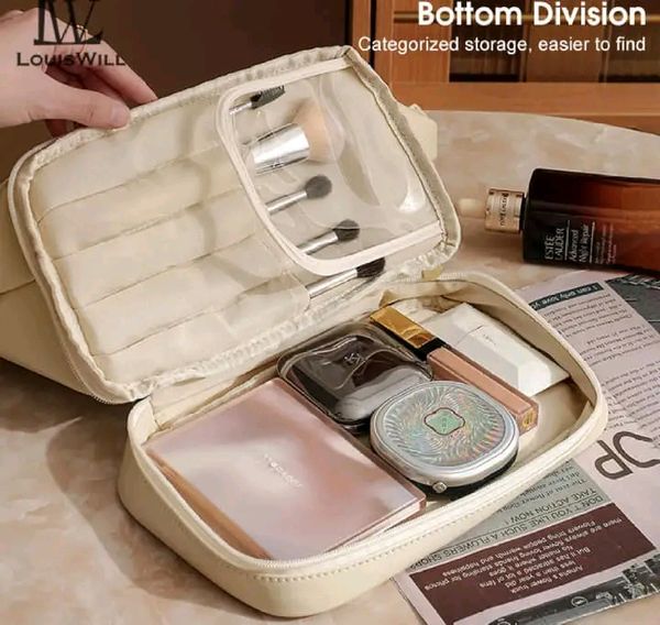 LouisWill Cosmetic Bag Case Portable Travel Toiletry Bags PU Leather Makeup Pouch Handbag Organizer Large Capacity Cosmetic Bag with Lanyard for Traveling Business Trip Home Tidy - Image 4