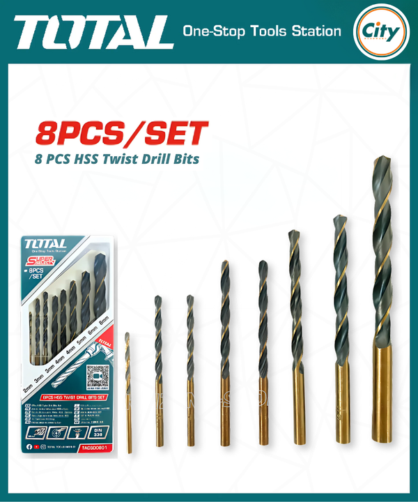 ৮ পিস HSS টুইস্ট ড্রিল বিটস সেট প্রফেশনাল মানের Total Tools