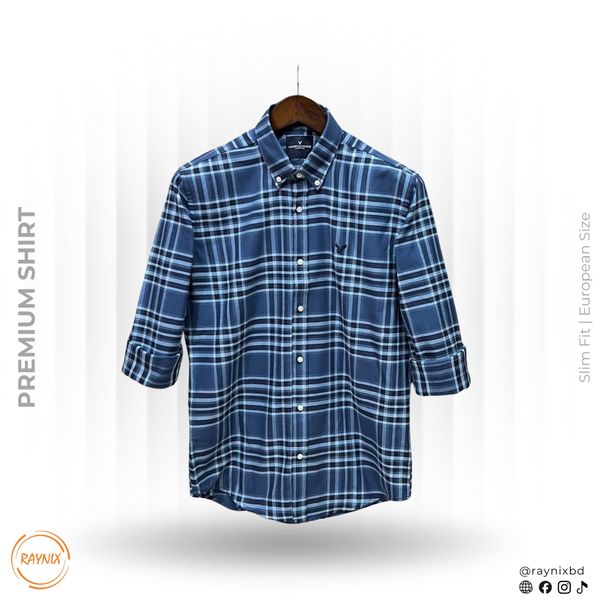 American Eagle Men’s Premium Blue Plaid Slim-Fit Casual Shirt