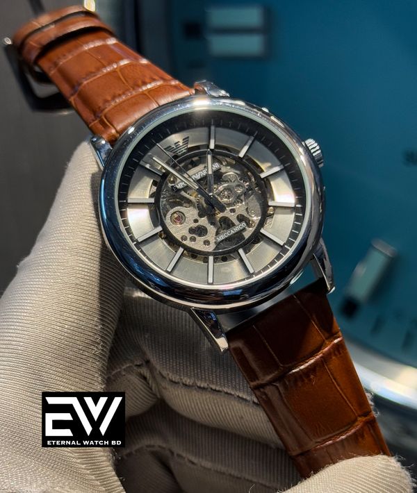 ARMANI AUTO BROWN BELT SILVER BODY SILVER DIAL