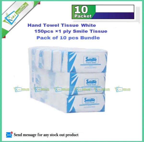 Smile Hand Towel Tissue - White-150pcs ×1 ply Tissue pack of 10 packet