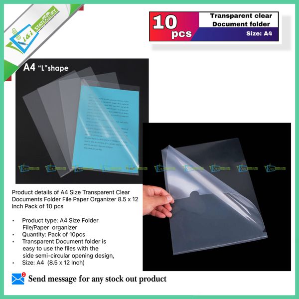 A4 Size Transparent Clear Documents Folder File Paper Organizer 8.5 x 12 Inch Pack of 10 pcs