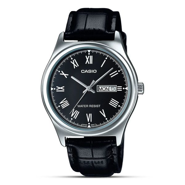 Casio V006L-1B Men’s 40 mm Quartz Analog Watch – Black Dial & Leather Strap