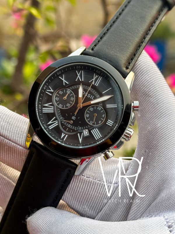 FOSSIL GRANT CHRONO BLACK BELT SILVER CASE BLACK BEZEL