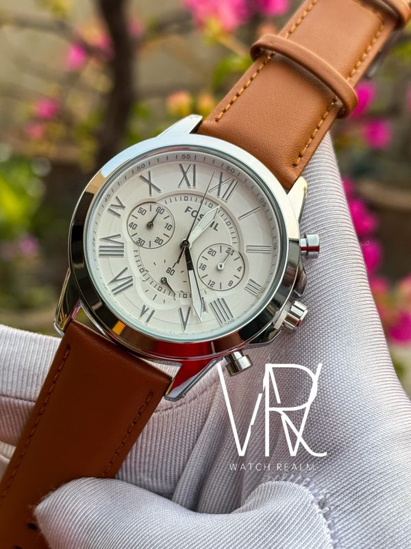 FOSSIL GRANT CHRONO MUSTARD BELT WHITE DIAL SILVER CASE