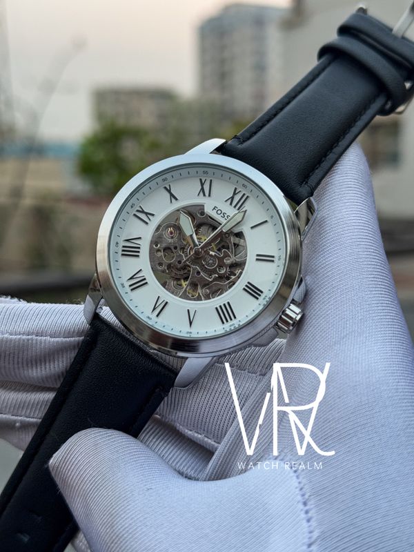 FOSSIL AUTO BLACK BELT WHITE DIAL