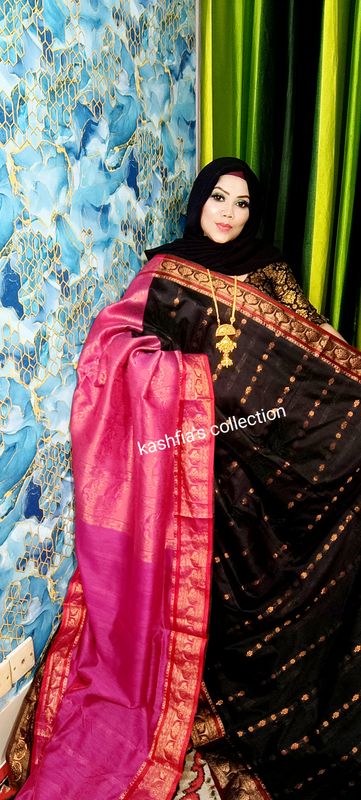 black and magenta cotton gaduwal saree
