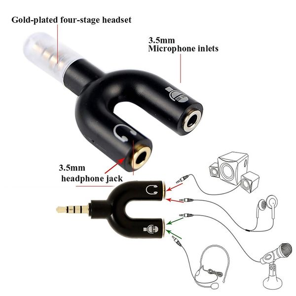 U-Shape Converter- 3.5mm Audio Splitter For Headphone And Microphone- Black and White
