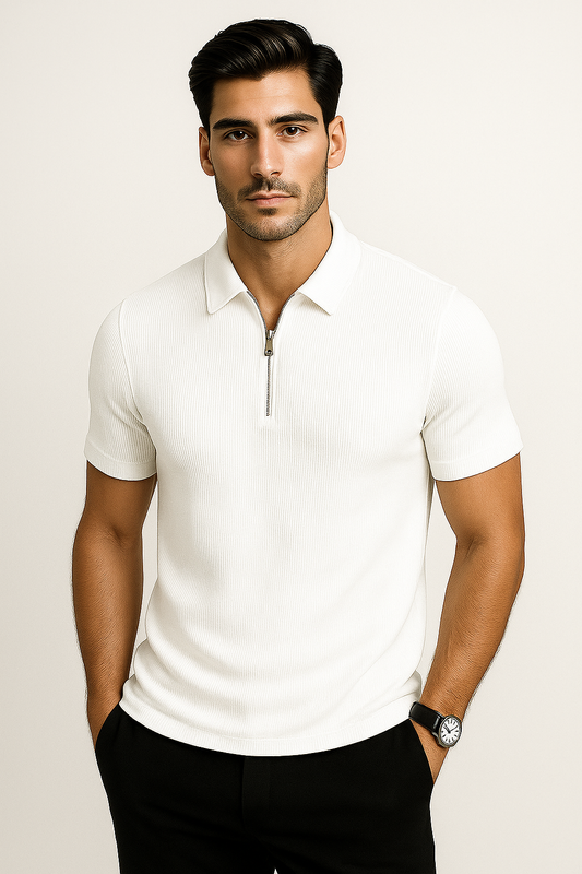 White Color– Premium Ribbed Zipper Polo T-Shirt