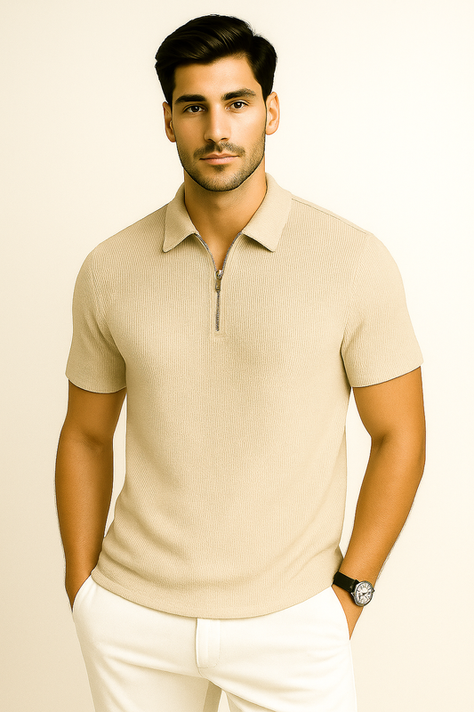 Beige Color– Premium Ribbed Zipper Polo T-Shirt