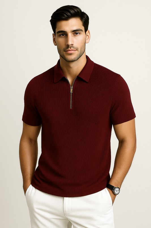 Maroon Color– Premium Ribbed Zipper Polo T-Shirt