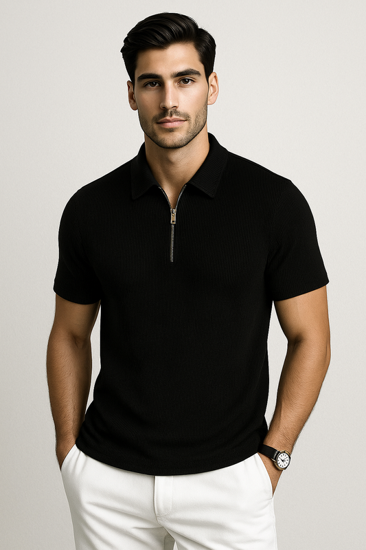 Black Color– Premium Ribbed Zipper Polo T-Shirt