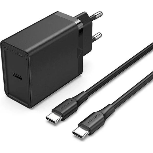 Vention FAHWF-EU 1-port 25W USB-C Wall Charger with USB-C Cable EU-Plug – Black