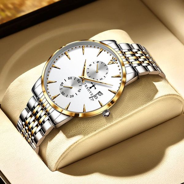 Trsoye 638 Men's Luxury Stainless Steel Watch – Elegant Silver & Rose Gold Design