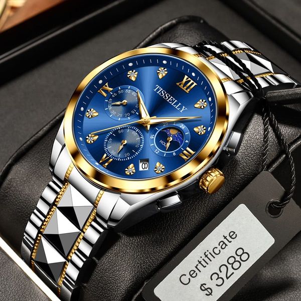TISSELLY 6010 Elegant Men's Watch – Stainless Steel Strap in Silver Gold with Blue Dial