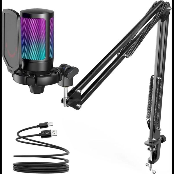 FIFINE AMPLIGAME A6T Gaming PC USB Microphone & Podcast Condenser Mic with Boom Arm Microphone