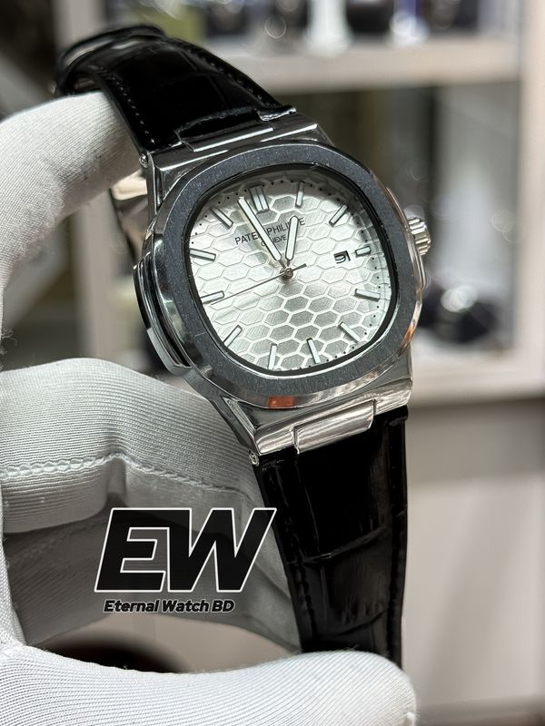 PATEK NAUTILUS SWEEP WHITE DIAL BLACK BELT SILVER CASE