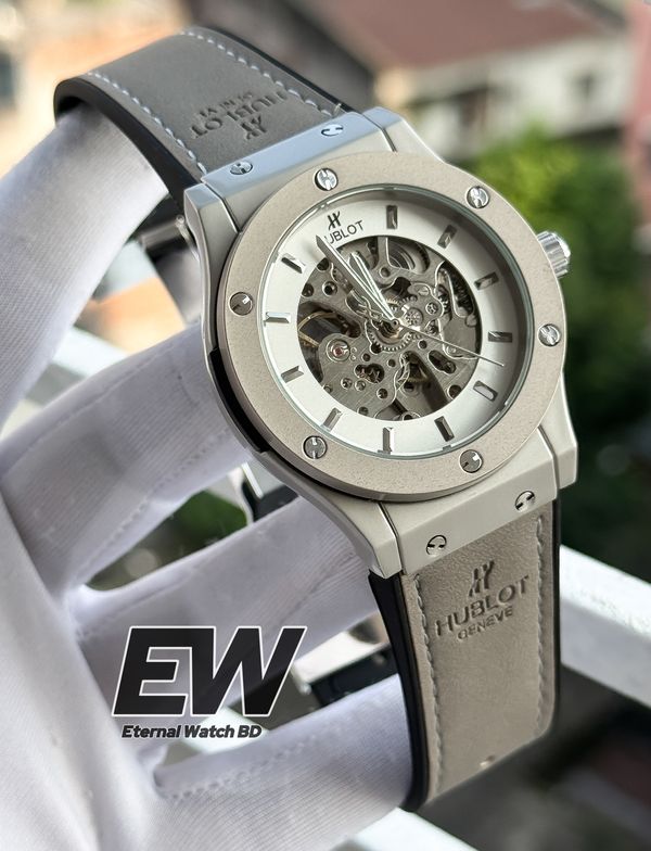 HUBLOT AUTOMOTIC GREY VELVET BELT WHITE DIAL SILVER CASE