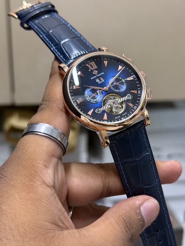 PATEK AUTO BELT ROSE GOLD CASE BLUE BELT BLUE DIAL