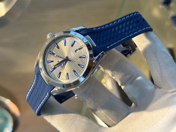 OMEGA AQUA TERRA SILVER DIAL BLUE BELT