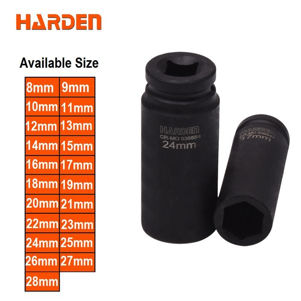 HARDEN 1/2" Drive Impact Deep Socket ( 8 | 10 | 11 | 12 | 13 | 14 | 15 | 16| 17 | 18 | 19| 20 | 21 | 22 | 23 | 24 | 25 | 26 | 27 | 28 mm ), Long Socket, 6PT; Model: 536538 to 536558