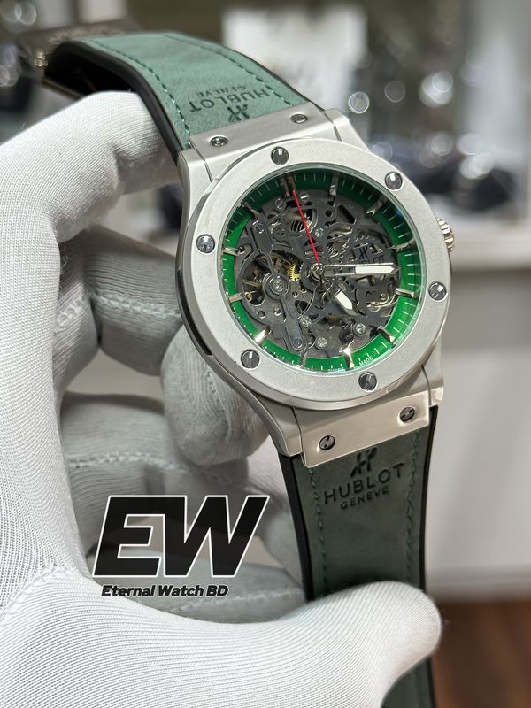 HUBLOT AUTOMOTIC OLIVE VELVET BELT GREEN DIAL SILVER CASE