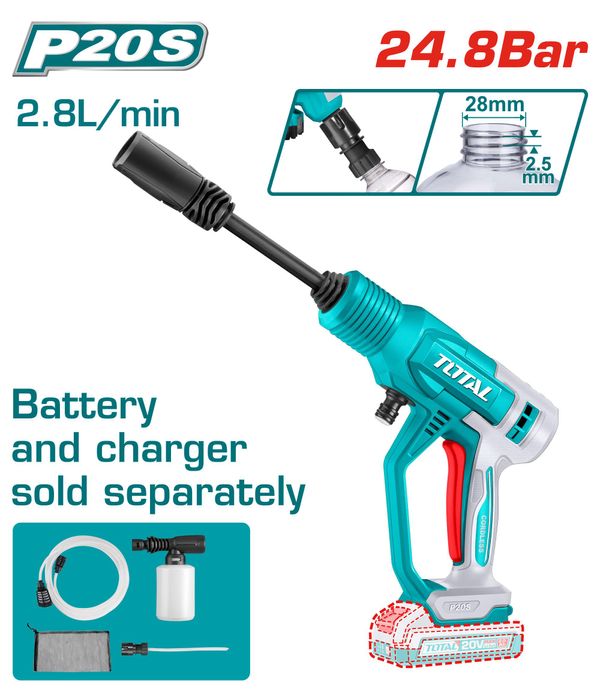 Total 20V Cordless Pressure Washer, 24.8 bar, Car Washer without Battery & Charger; Moden: TPWLI2036