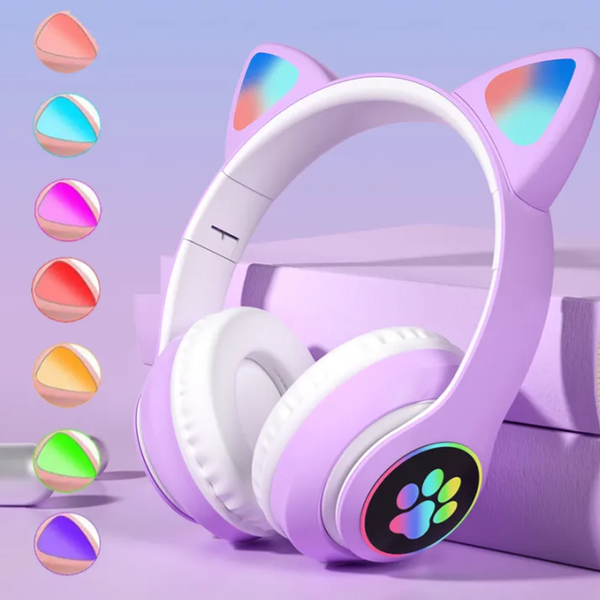 Glowing Cat Ear Wireless Headphones – Over-Ear Foldable BT5.0 Headset with Mic, AUX, TF Card, MP3 & LED Lights