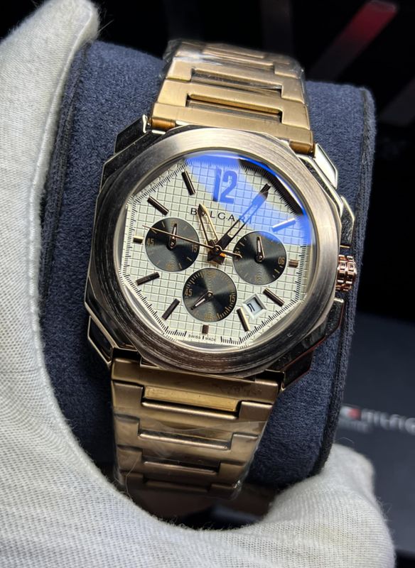 Bvlgari Chain Rose Gold White Dial Black Sub Waffle