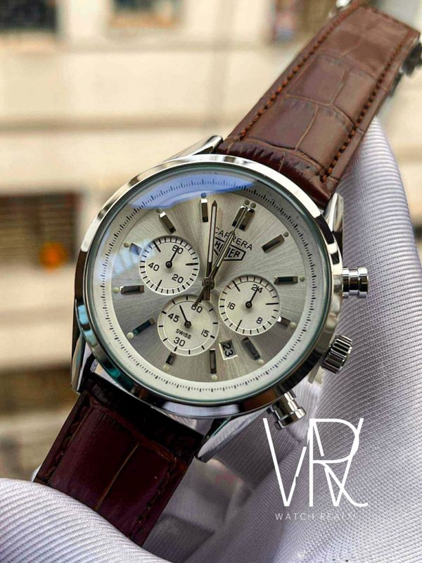 TAG HEUER 3 CHRONO BROWN BELT WHITE DIAL