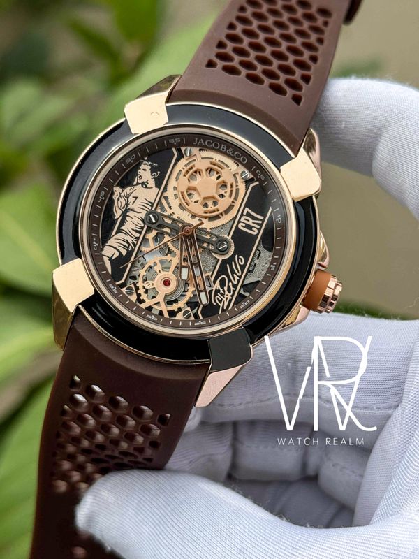 JACOB & CO CR7 QUARTZ SWEEP ROSE GOLD CASE BROWN BELT