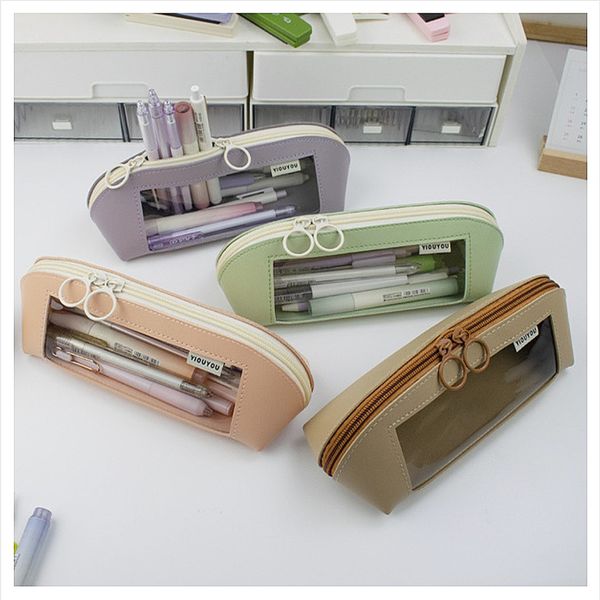 New Shell Morandi Color Leather Pencil Case Transparent Window Waterproof Large Capacity