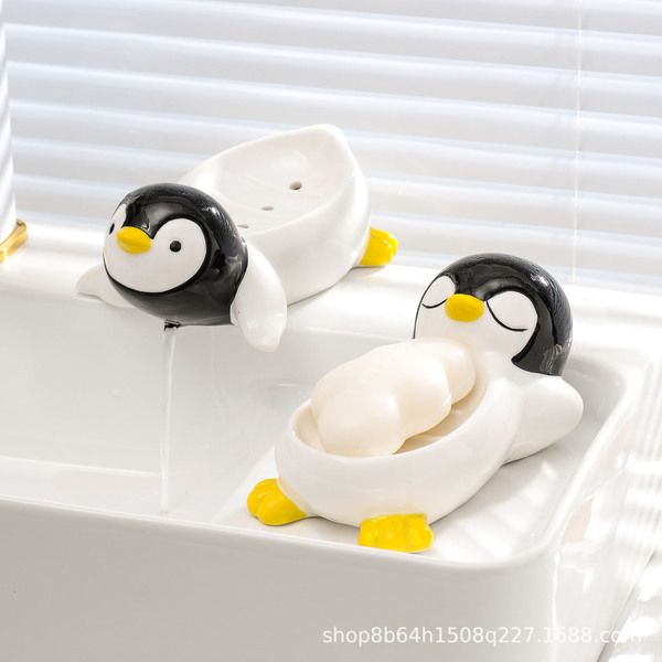 Cute Penguin Ceramic Soap Box with Drain