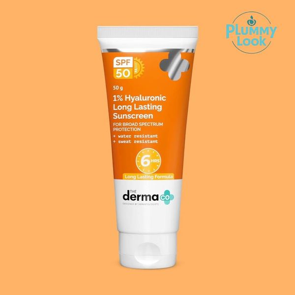 The Derma Co 1% Hyaluronic Long Lasting Sunscreen Spf 50 Pa++++ With Hyaluronic Acid & Vitamin E For Broad Spectrum Protection- 50 G, All Skin Types |6 Hrs. Sun Protection|Water & Sweat Resistant