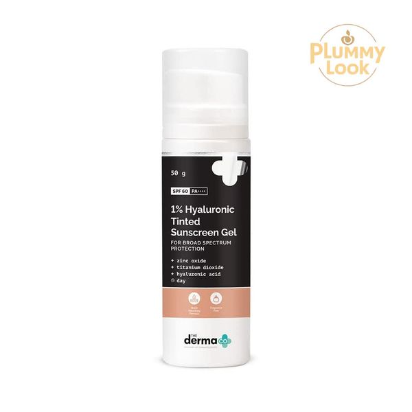 The Derma Co 1% Hyaluronic Tinted Sunscreen For All Skin Types Spf 60 Gel, Pa++++, No White Cast, Lightweight, Broad Spectrum Protection - 50gm