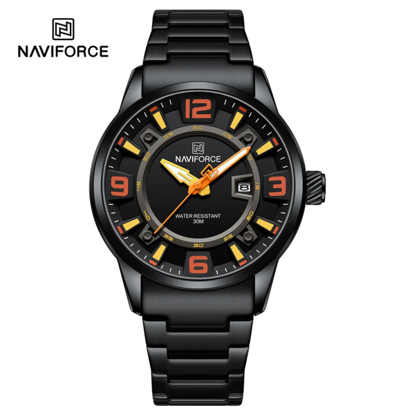 NAVIFORCE 8044 Black Orange Casual Sport Military Stainless Steel Quartz Men Wristwatch