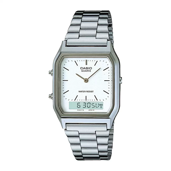CASIO AQ-230A-7DMQ MEN’S 34 MM QUARTZ ANALOG-DIGITAL WATCH – WHITE DIAL & STAINLESS STEEL BRACELET