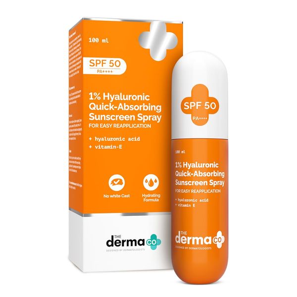 The Derma Co. 1% Hyaluronic Quick-Absorbing Sunscreen Spray |Hyaluronic Acid & Vitamin E | No White Cast | Hydrating Fluid | Easy Reapplication | Face & Body |(100 ml)