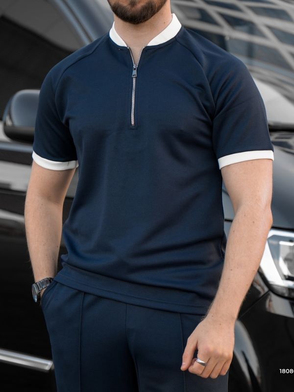 Blackdoo Men’s Mock Neck Zipper Polo | Navy Blue
