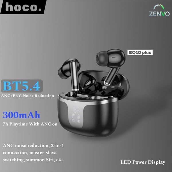 HOCO EQ10 Plus ANC ENC Noise Reduction Wireless BT 5.4 Earphone LED Display Charging Box HiFi Audio Stereo Headset Dual Connect- Black Color