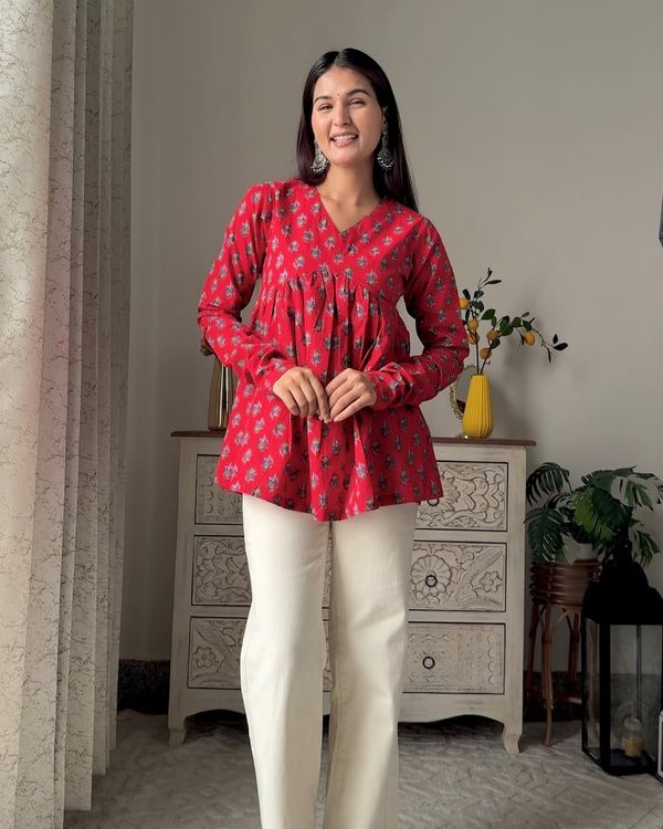 Red Full Sleeve V Neck Pure Cotton Top